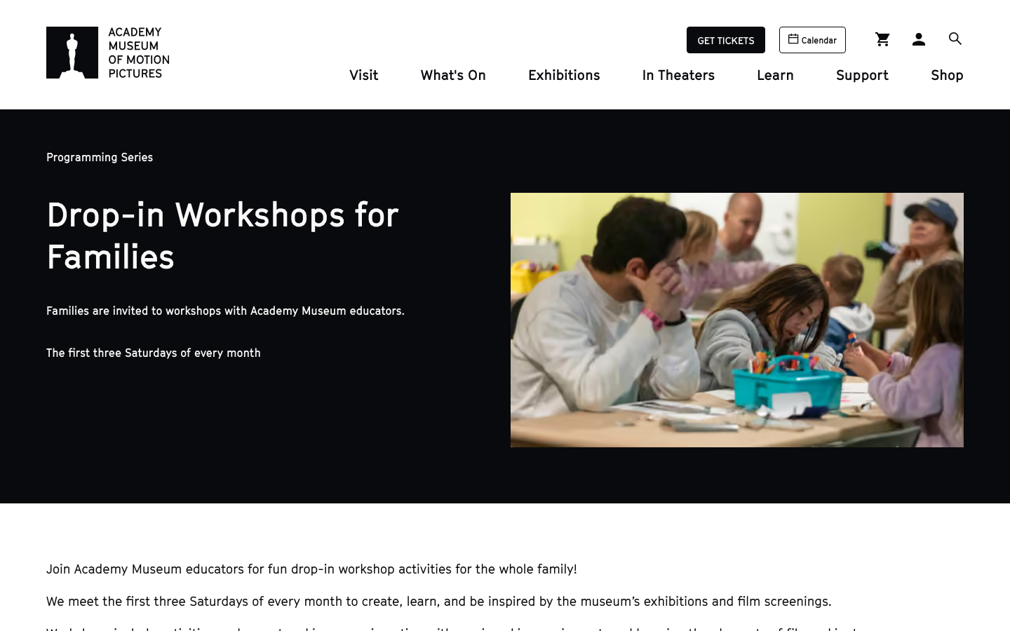 Screenshot of Academy Museum Drop-in Workshops for Families