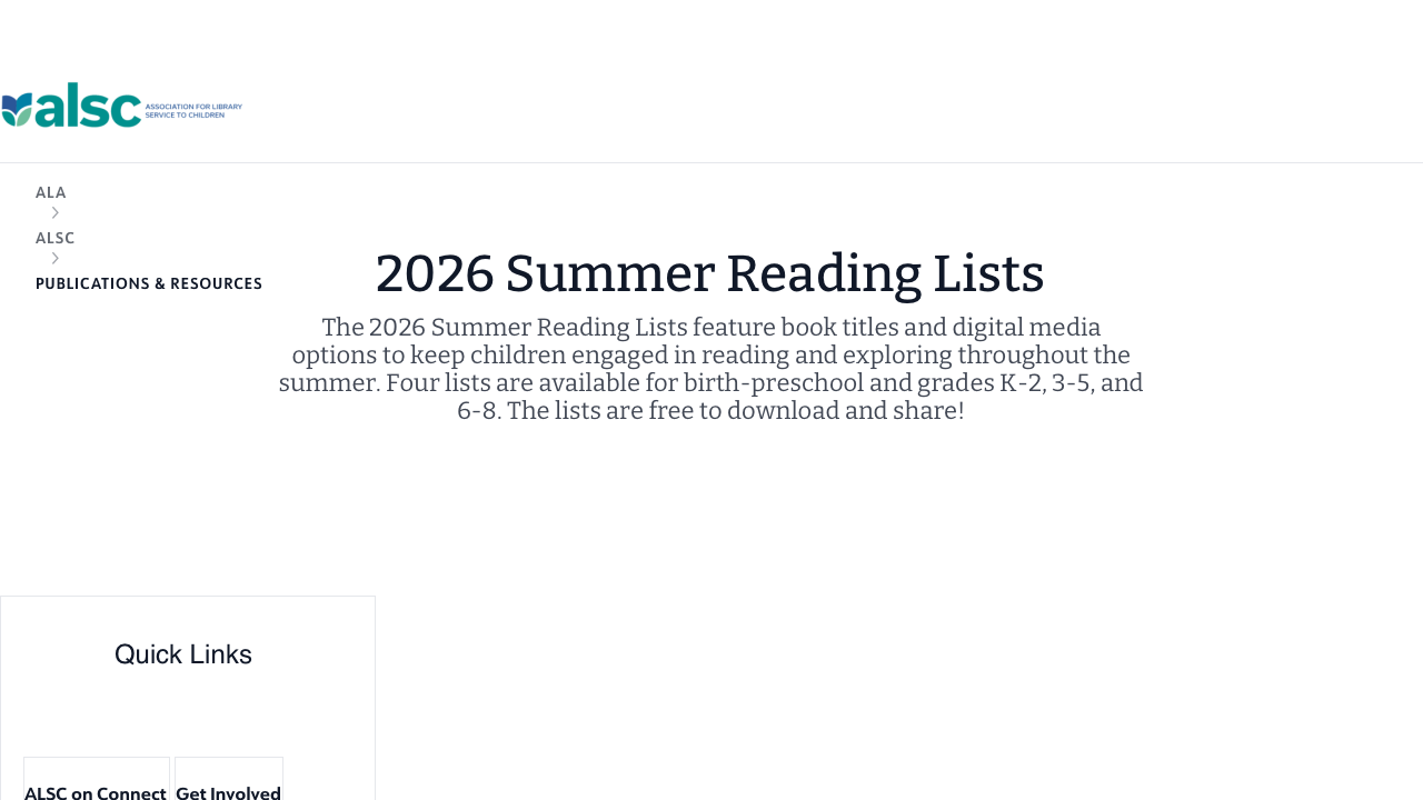 Screenshot of ALSC 2026 Summer Reading Lists