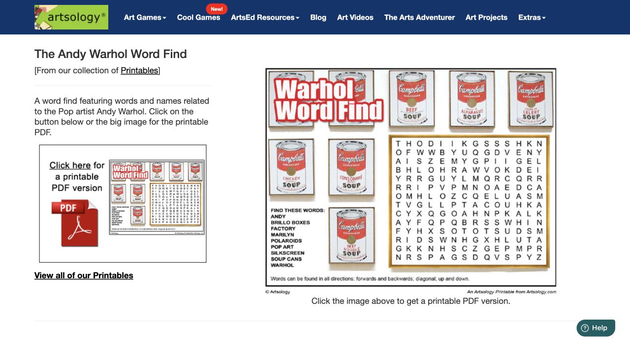 Screenshot of Andy Warhol Word Find