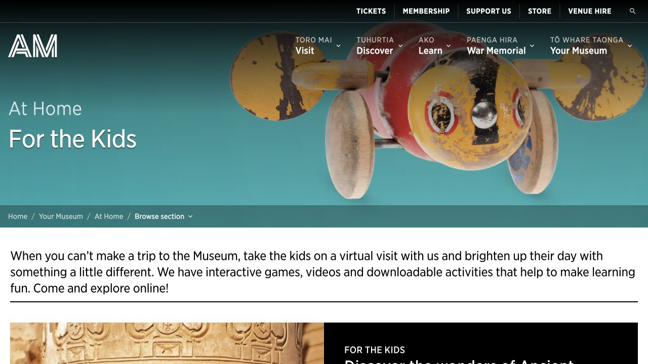 Screenshot of Auckland Museum — For the Kids