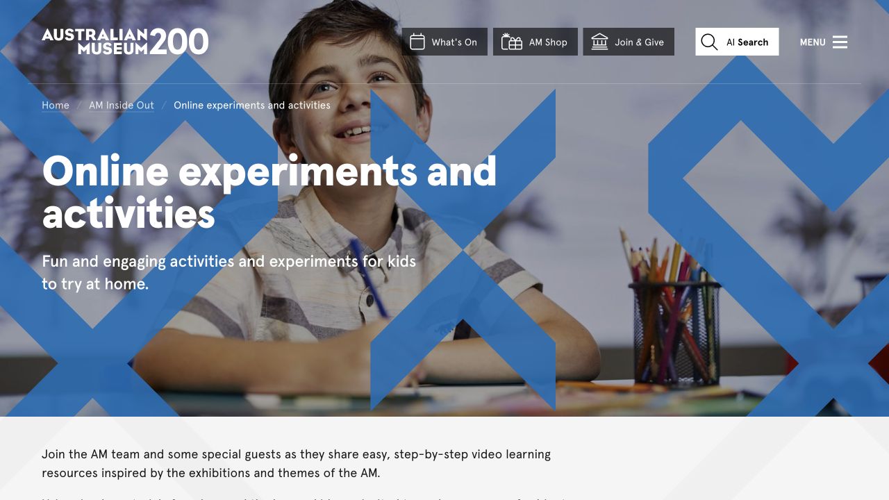 Screenshot of Australian Museum Online Experiments and Activities