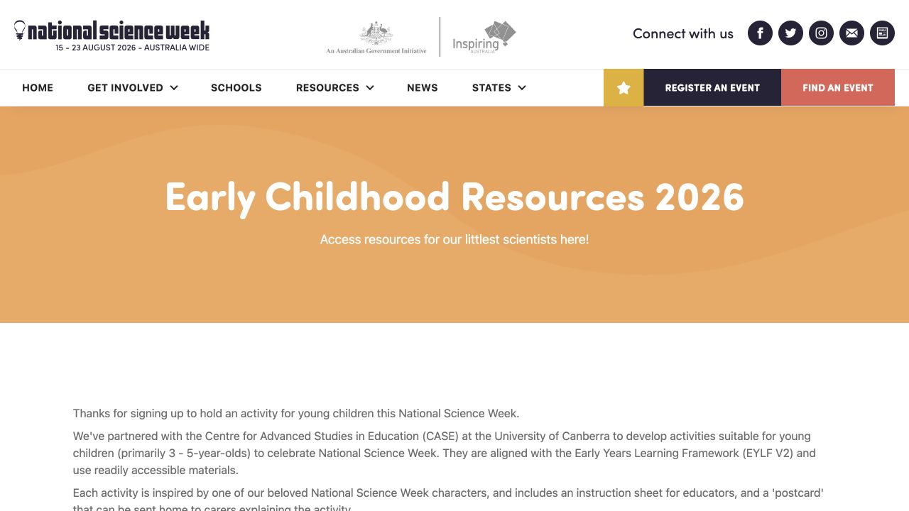 Screenshot of Australian Science Week Early Childhood Resources 2026