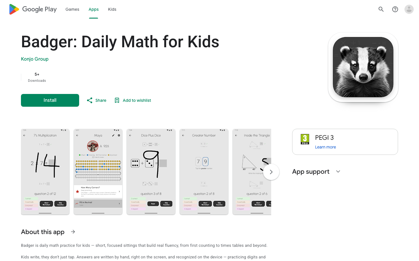Screenshot of Badger: Daily Math for Kids