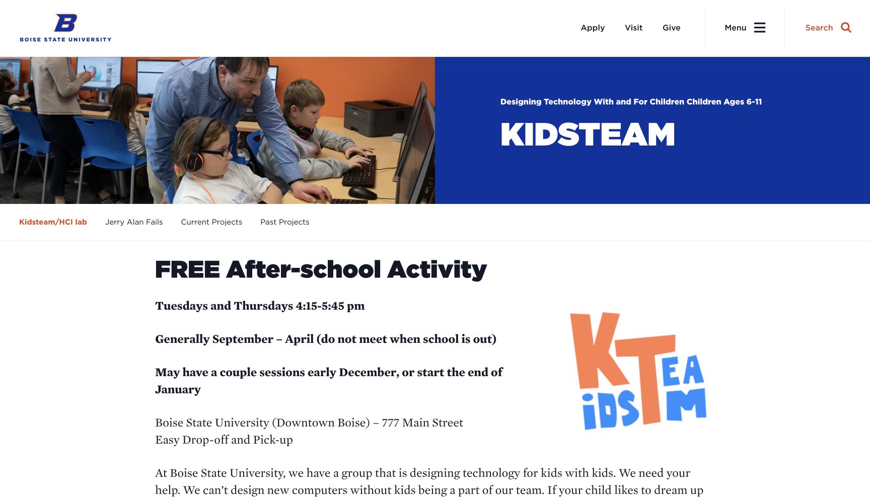 Screenshot of Boise State Kidsteam