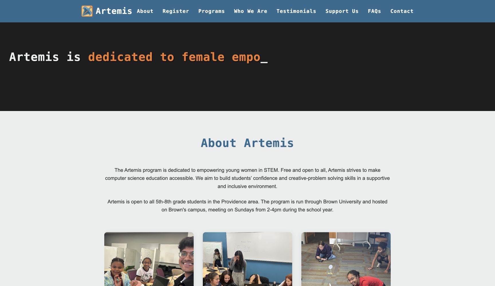 Screenshot of Brown University Artemis Coding Program