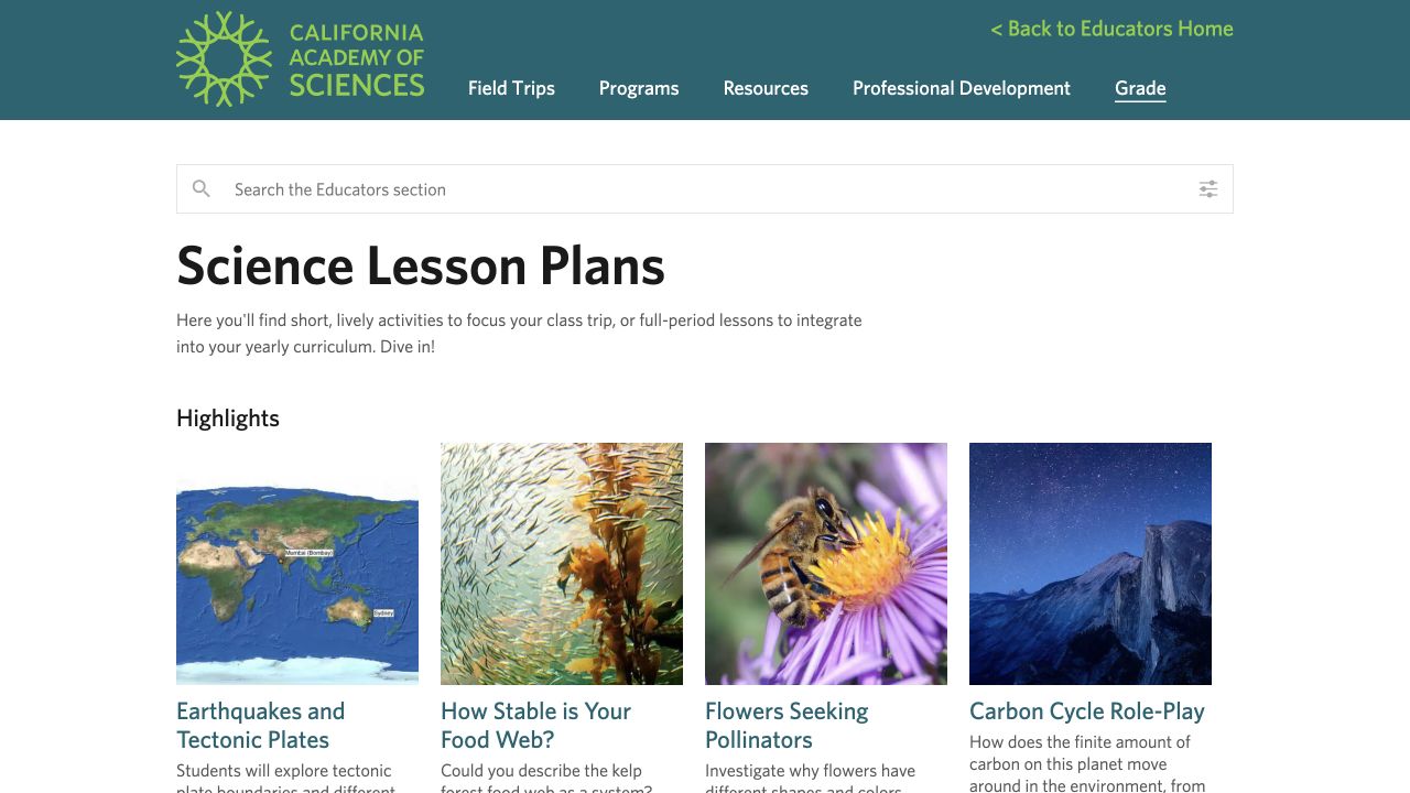 Screenshot of California Academy of Sciences Lesson Plans