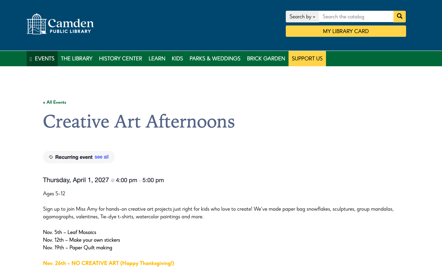 Screenshot of Camden Public Library Creative Art Afternoons