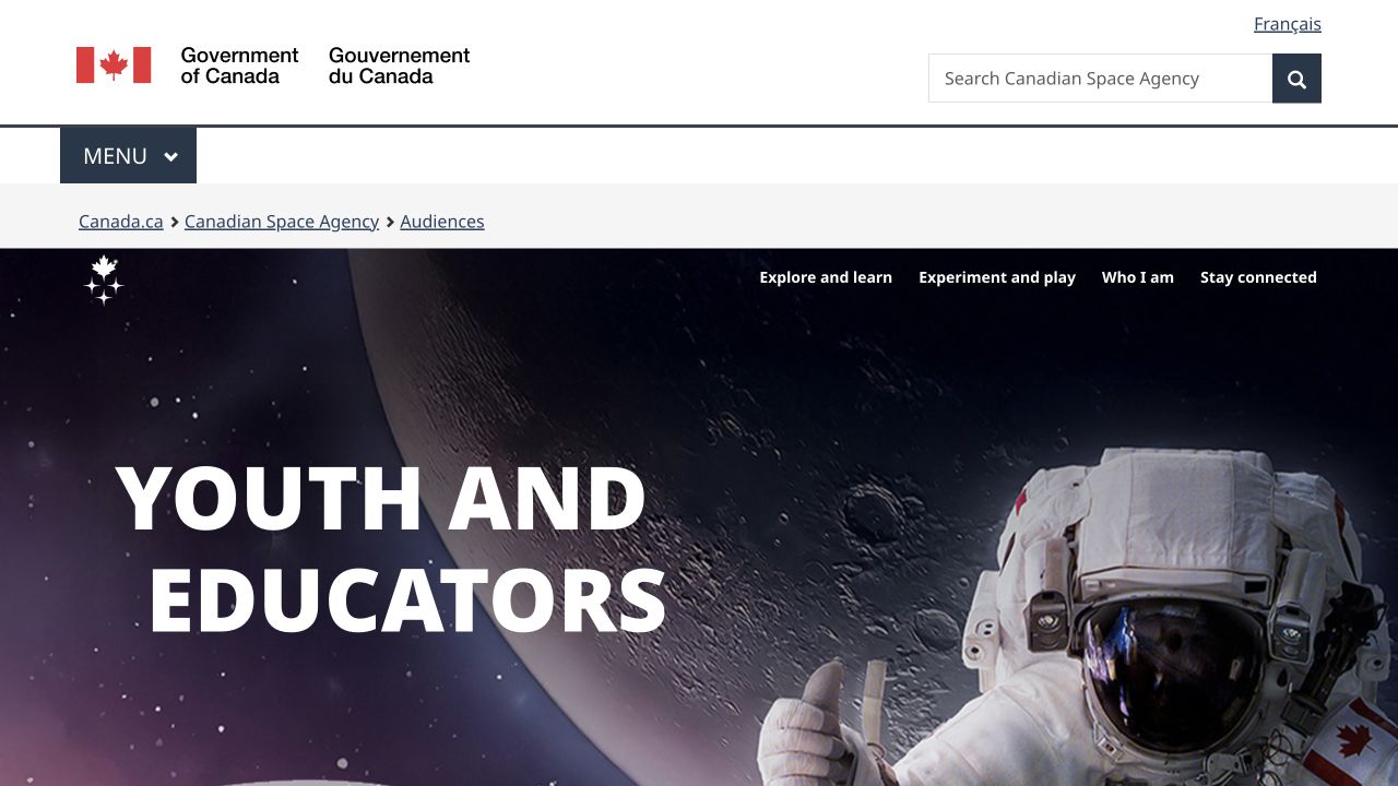Screenshot of Canadian Space Agency Youth and Educators