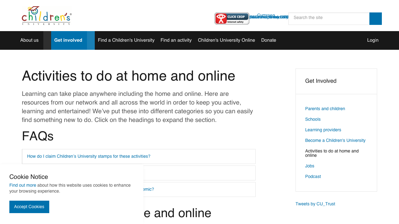 Screenshot of Children’s University Activities at Home and Online