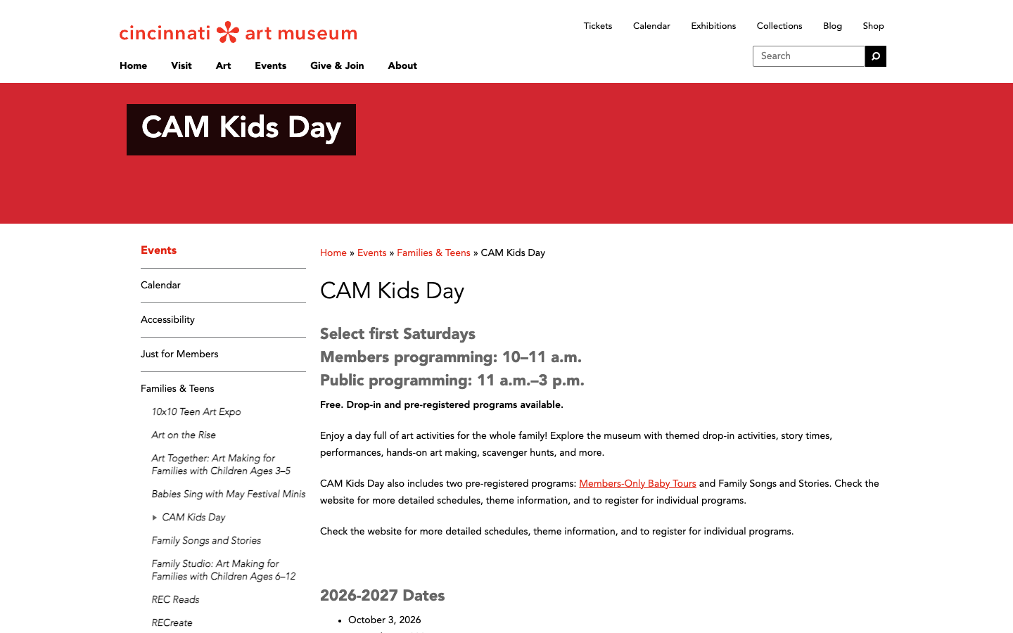 Screenshot of Cincinnati Art Museum CAM Kids Day