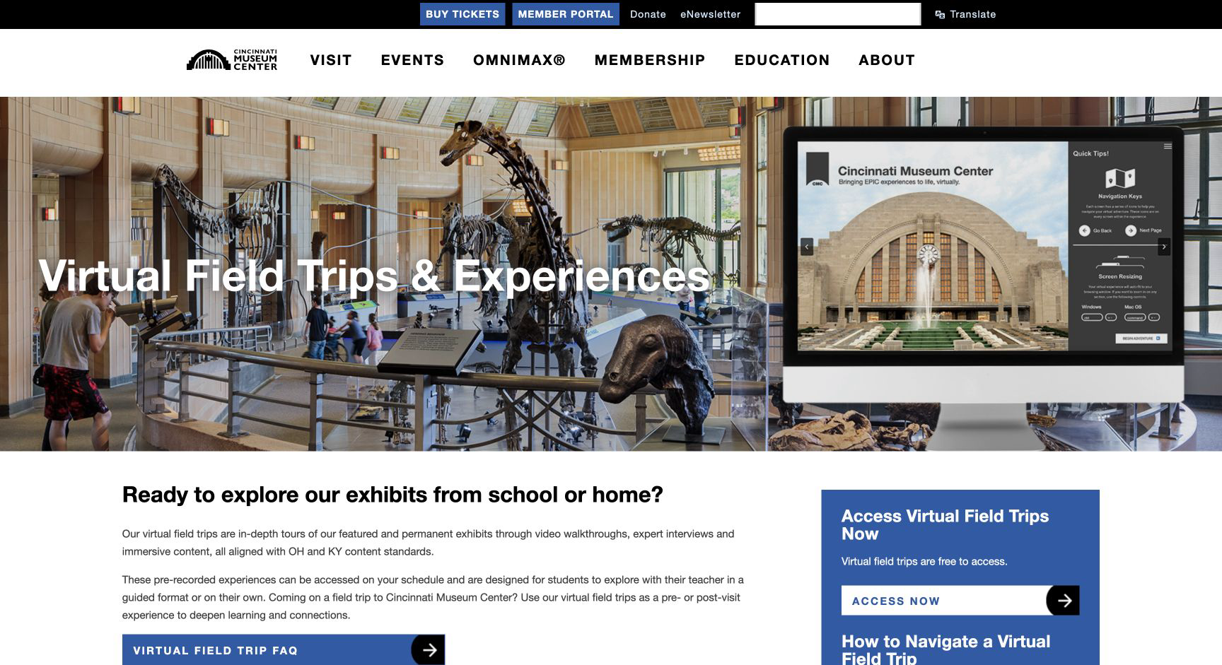 Screenshot of Cincinnati Museum Center Virtual Field Trips