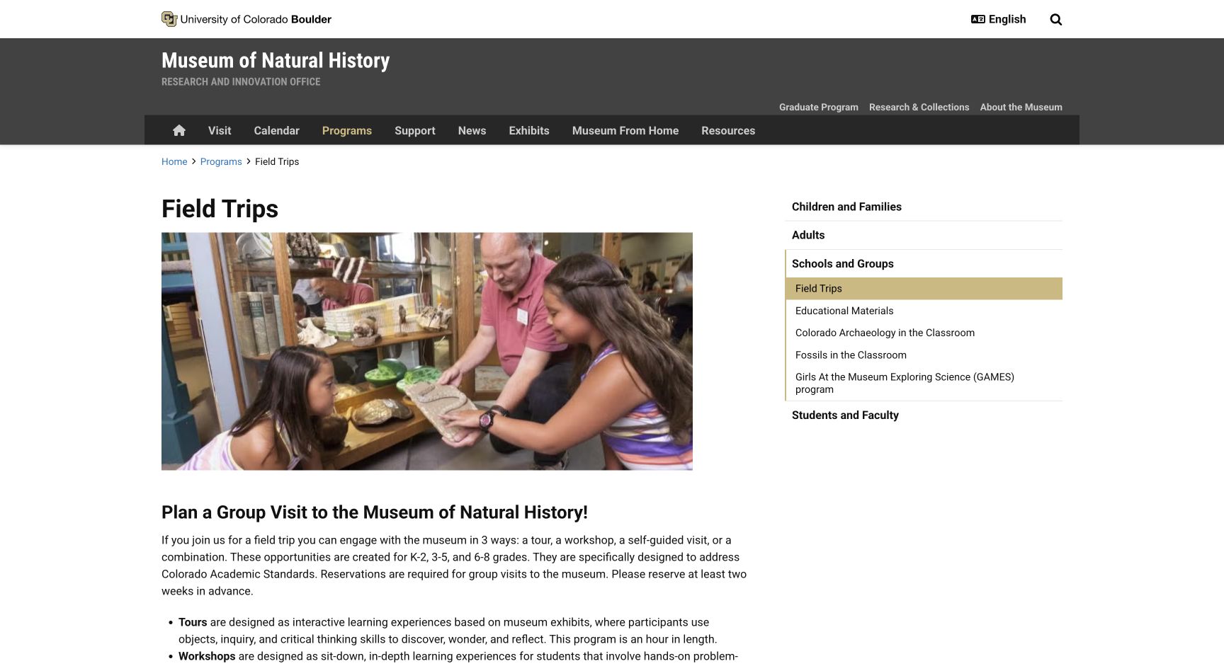 Screenshot of CU Museum Field Trips