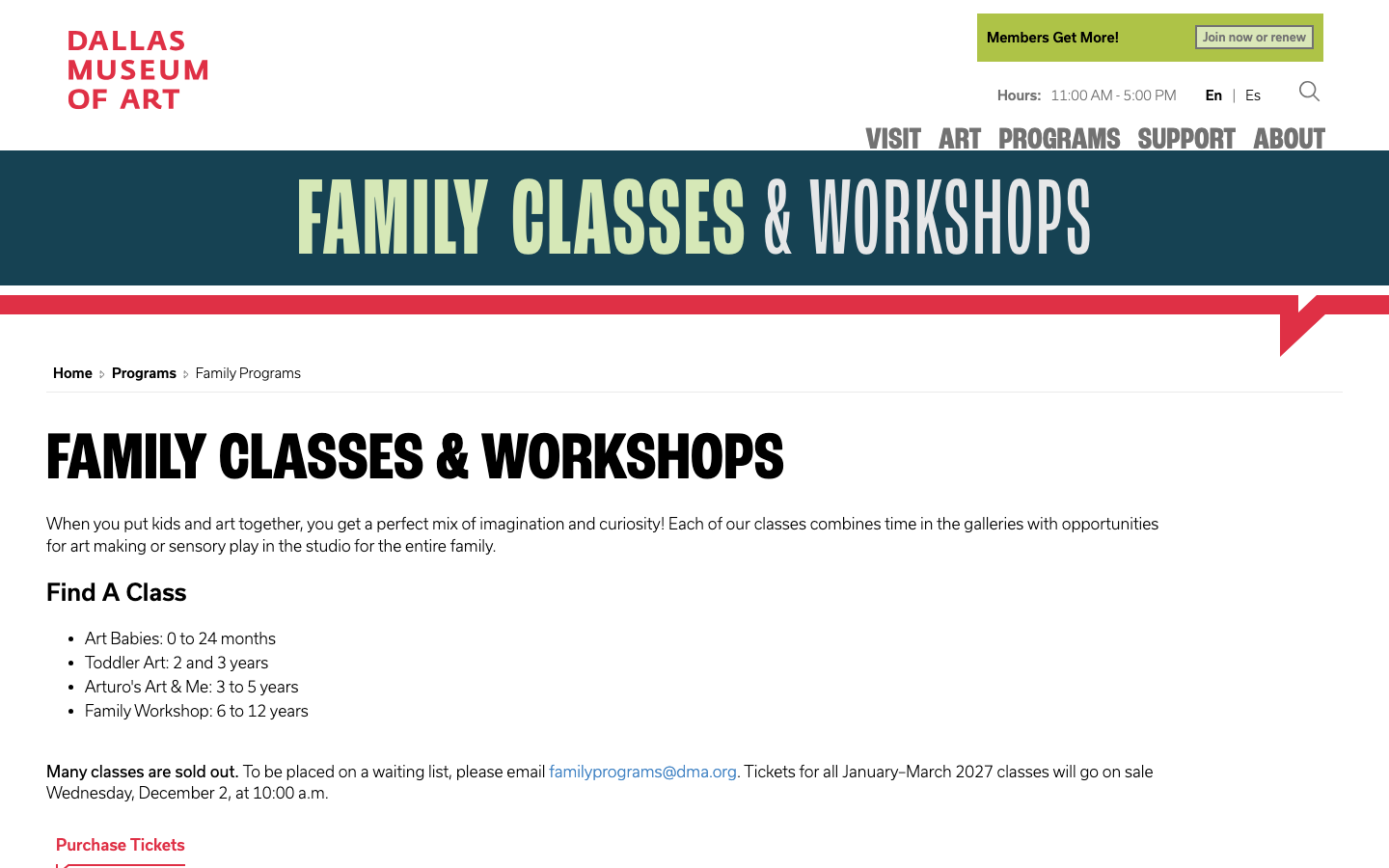 Screenshot of Dallas Museum Family Classes & Workshops