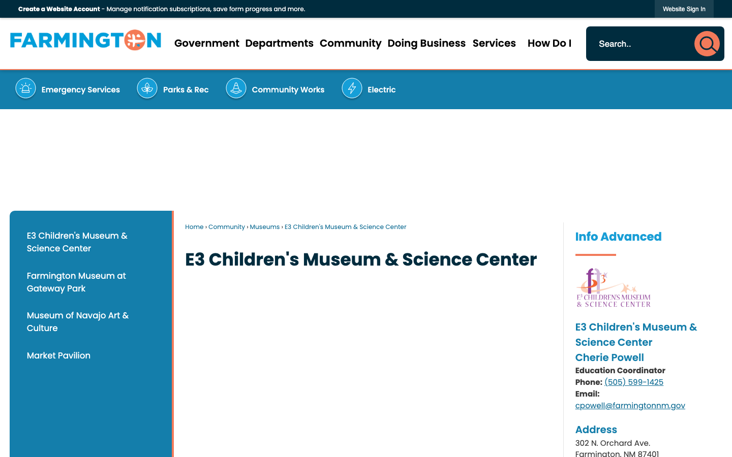 Screenshot of E3 Children’s Museum & Science Center