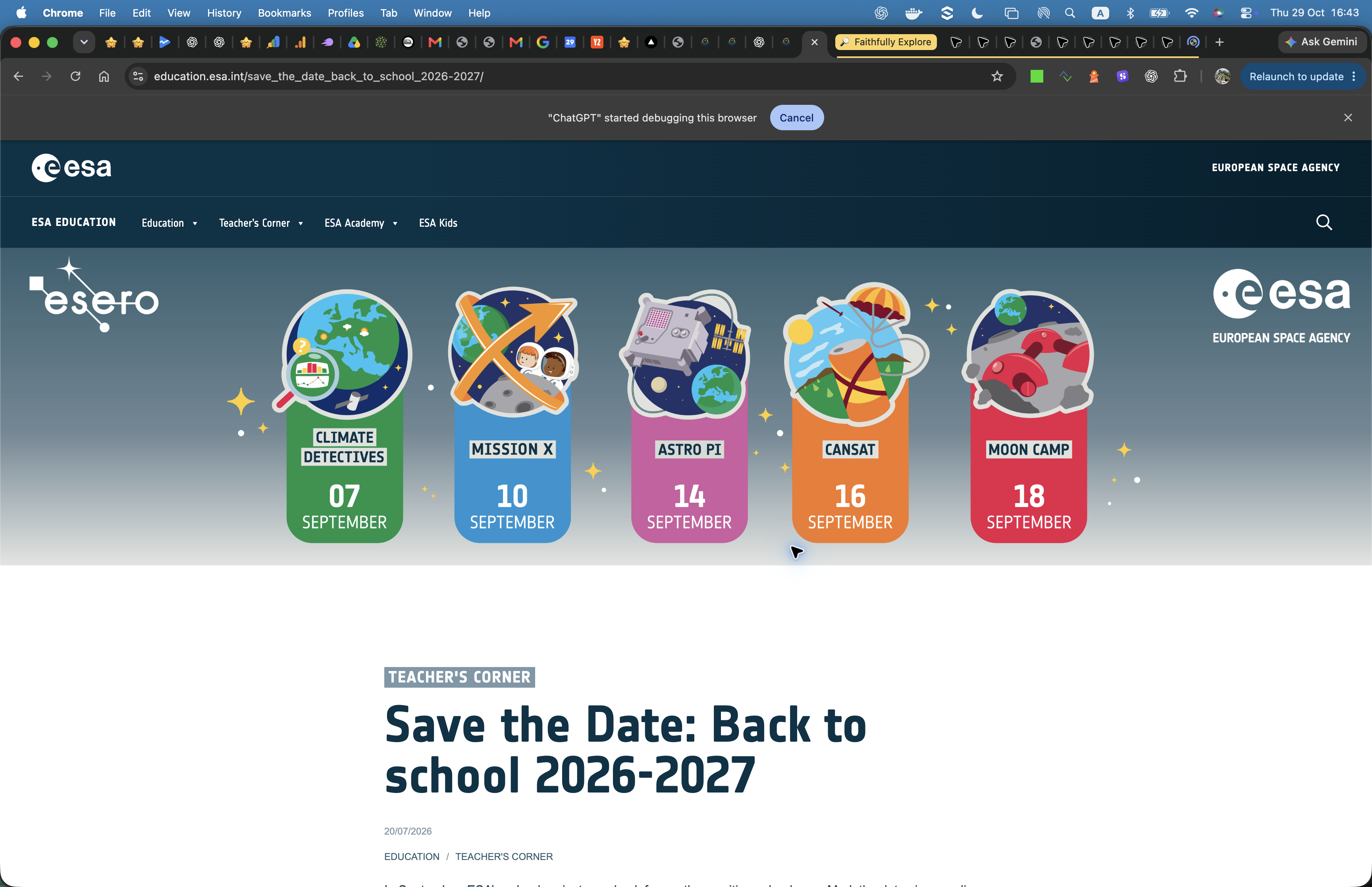 Screenshot of ESA Education 2026–2027 School Projects