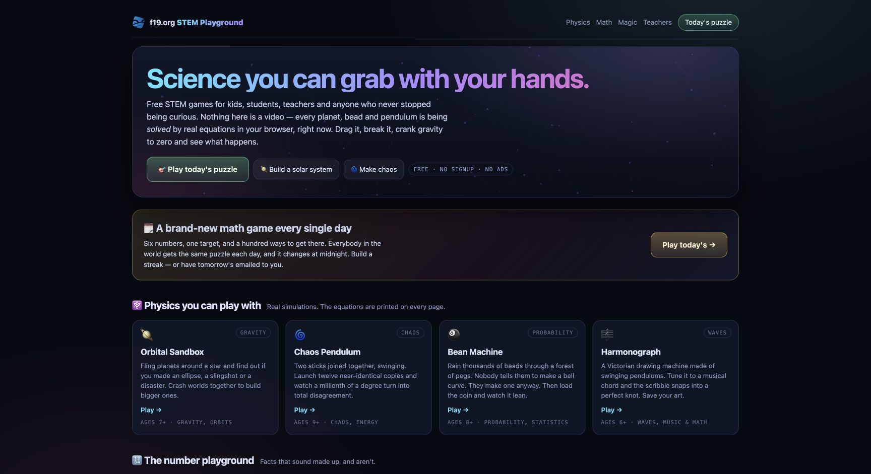Screenshot of f19.org STEM Playground
