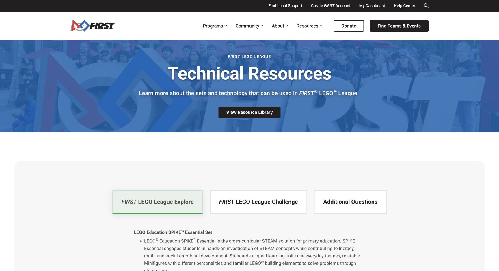 Screenshot of FIRST LEGO League Technical Resources