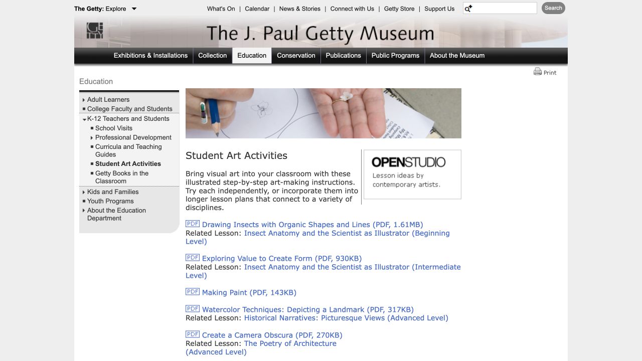 Screenshot of Getty Student Art Activities