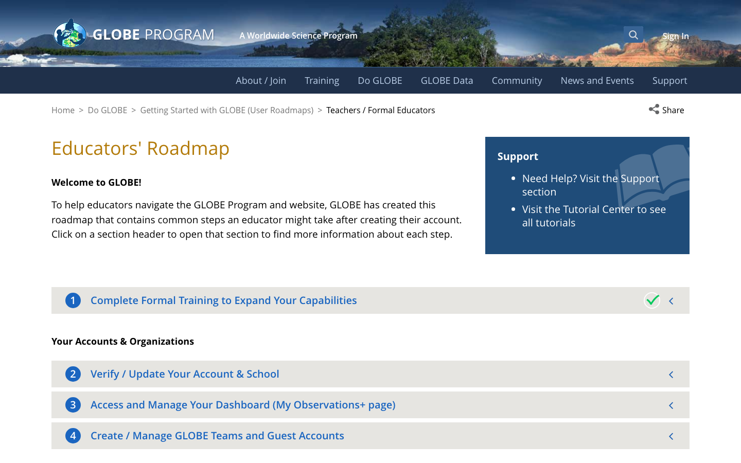 Screenshot of GLOBE Formal Educators