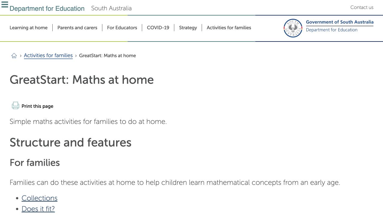 Screenshot of GreatStart: Maths at Home