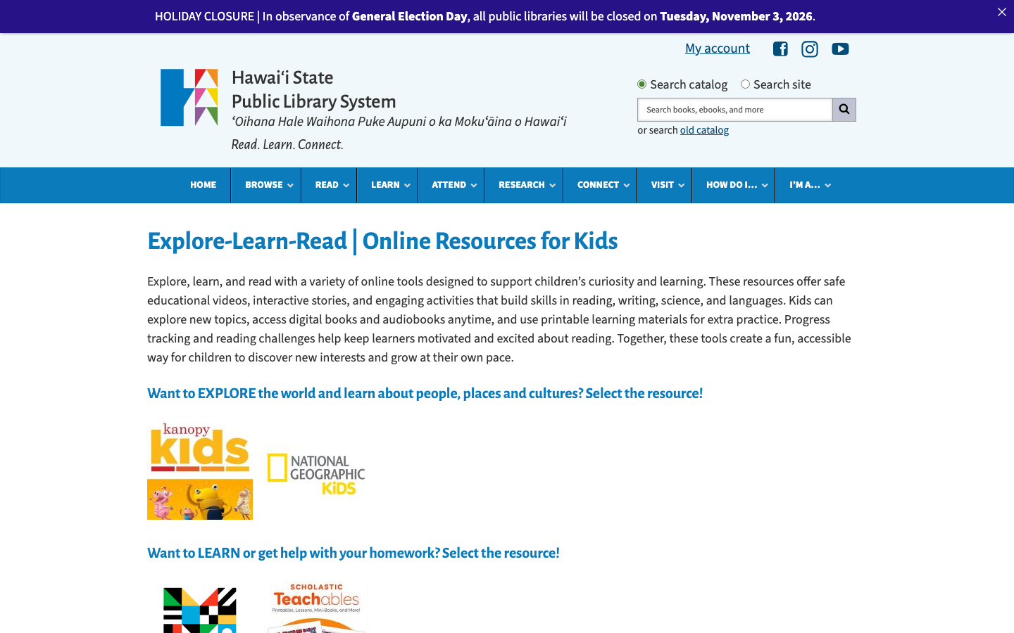 Screenshot of Hawaiʻi State Library Online Resources for Kids