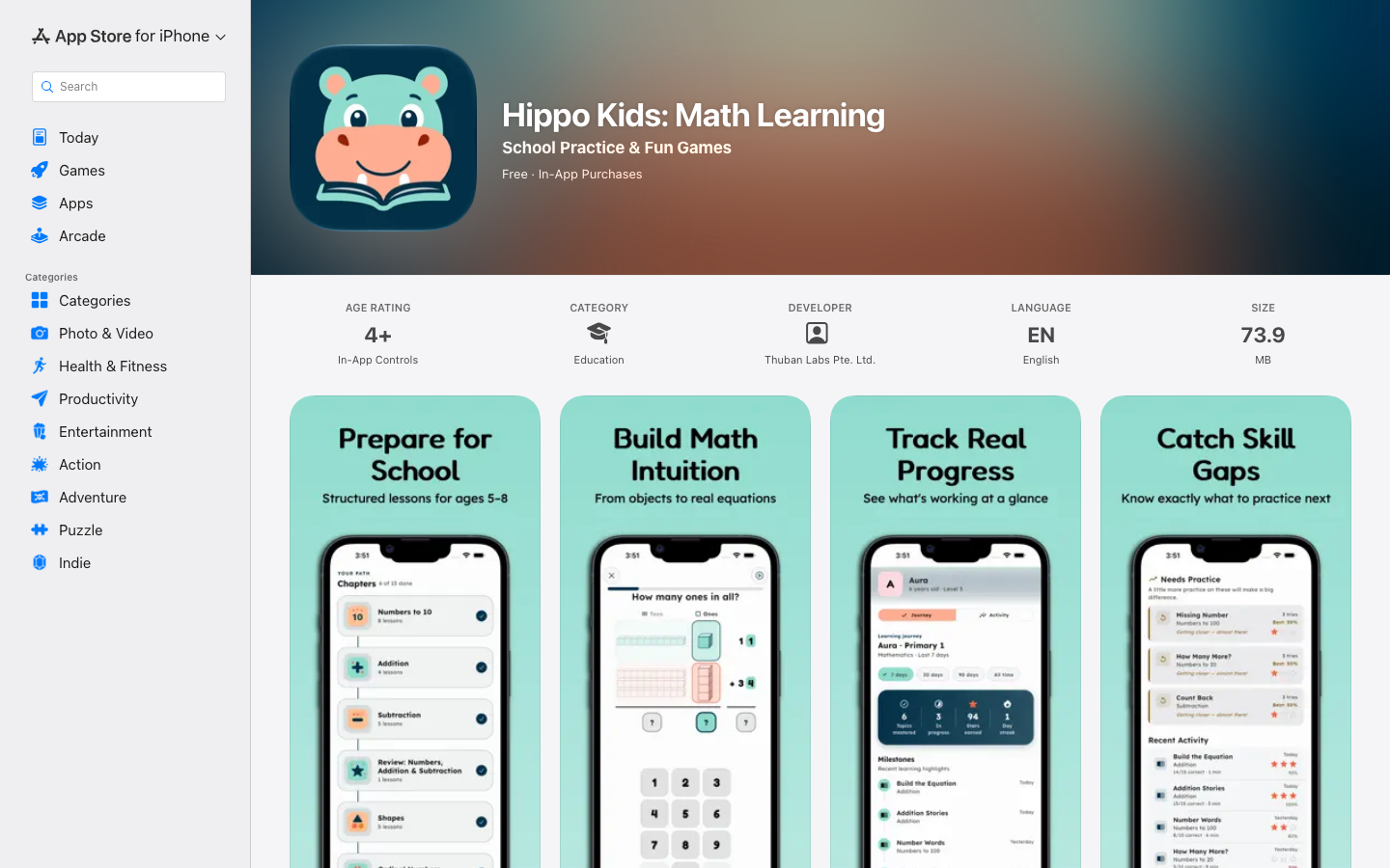 Screenshot of Hippo Kids Math