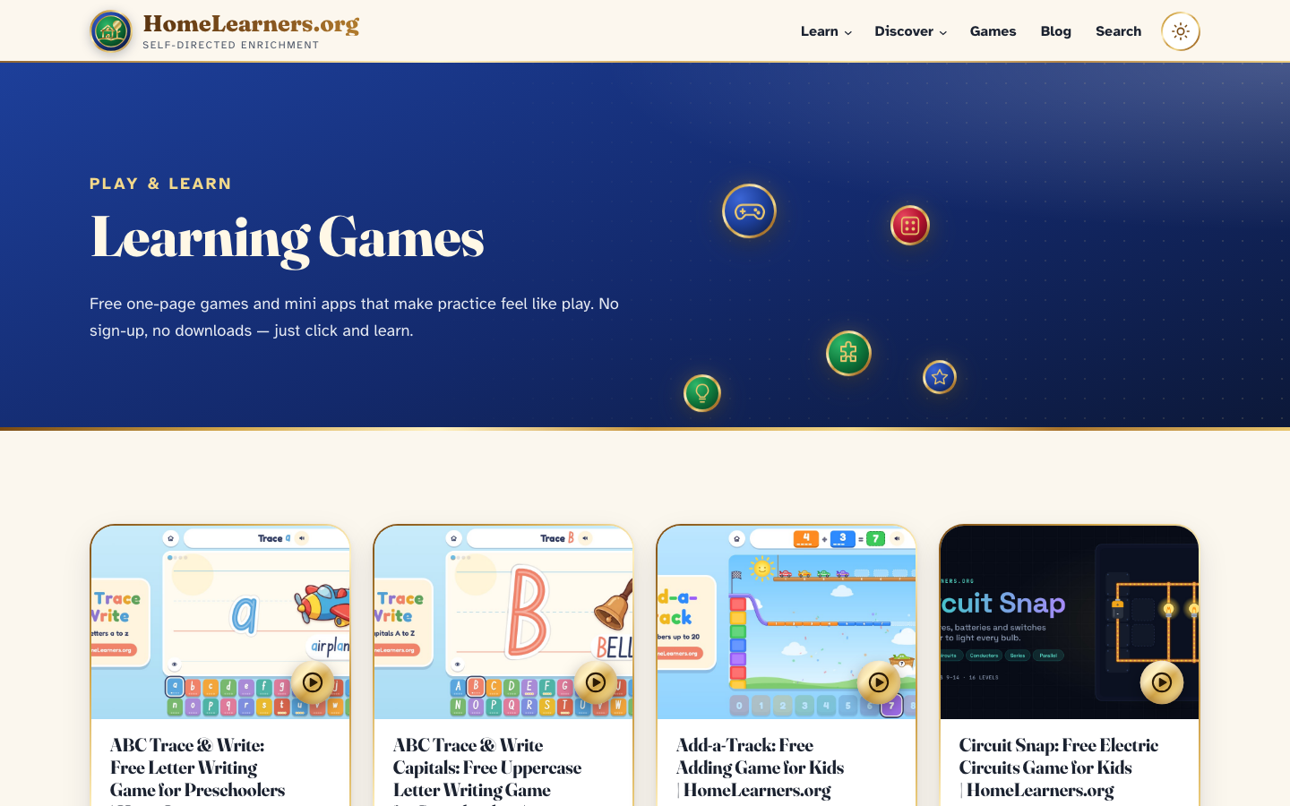 Screenshot of HomeLearners.org Learning Games