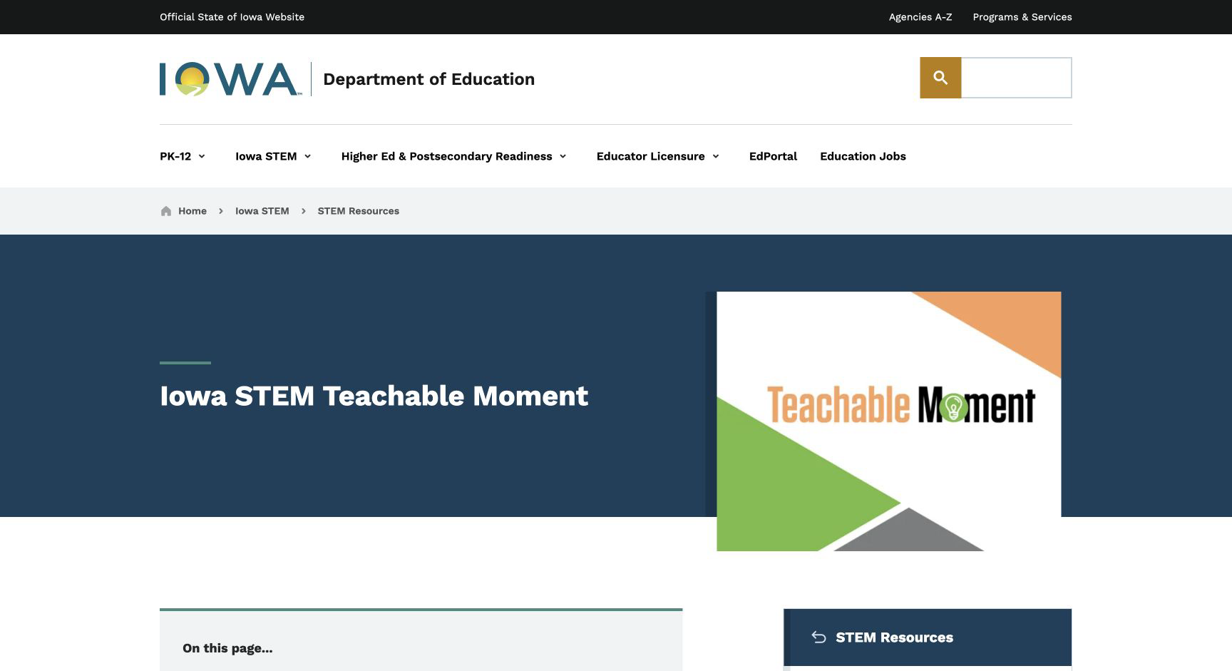 Screenshot of Iowa STEM Teachable Moment