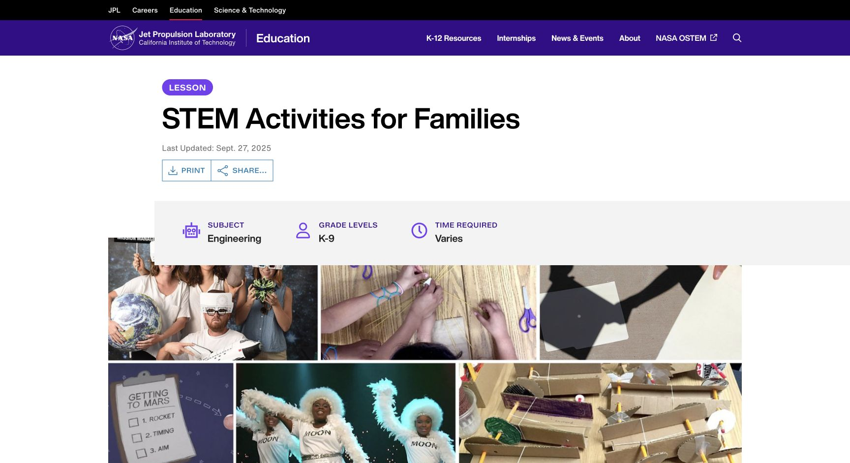 Screenshot of NASA JPL STEM Activities for Families