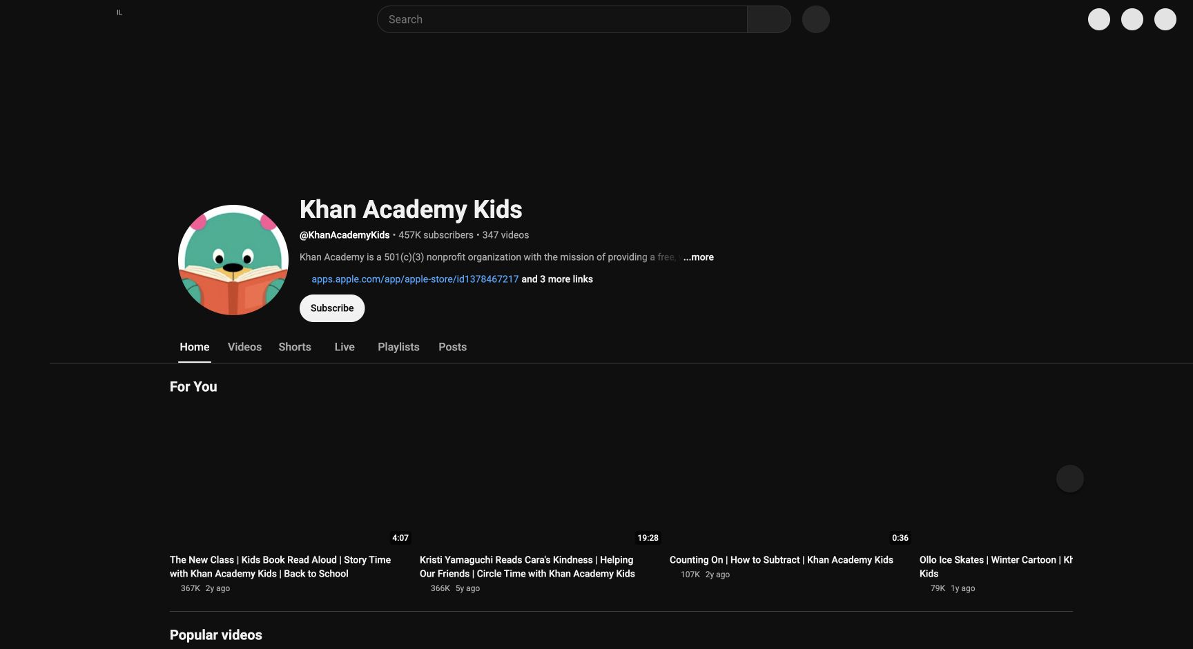 Screenshot of Khan Academy Kids YouTube