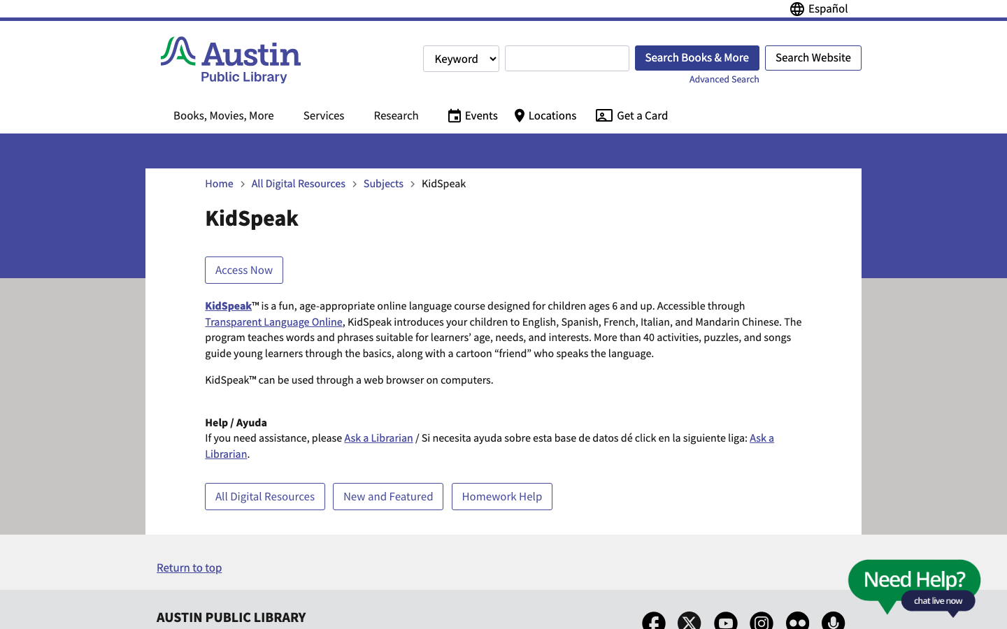 Screenshot of Austin Public Library KidSpeak