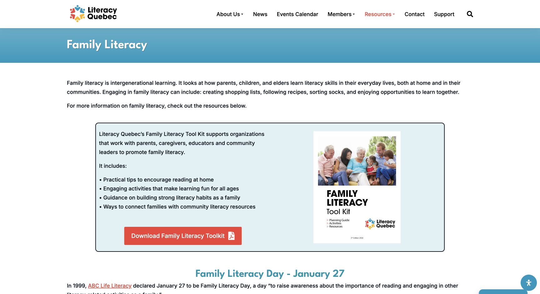 Screenshot of Literacy Quebec Family Literacy Toolkit