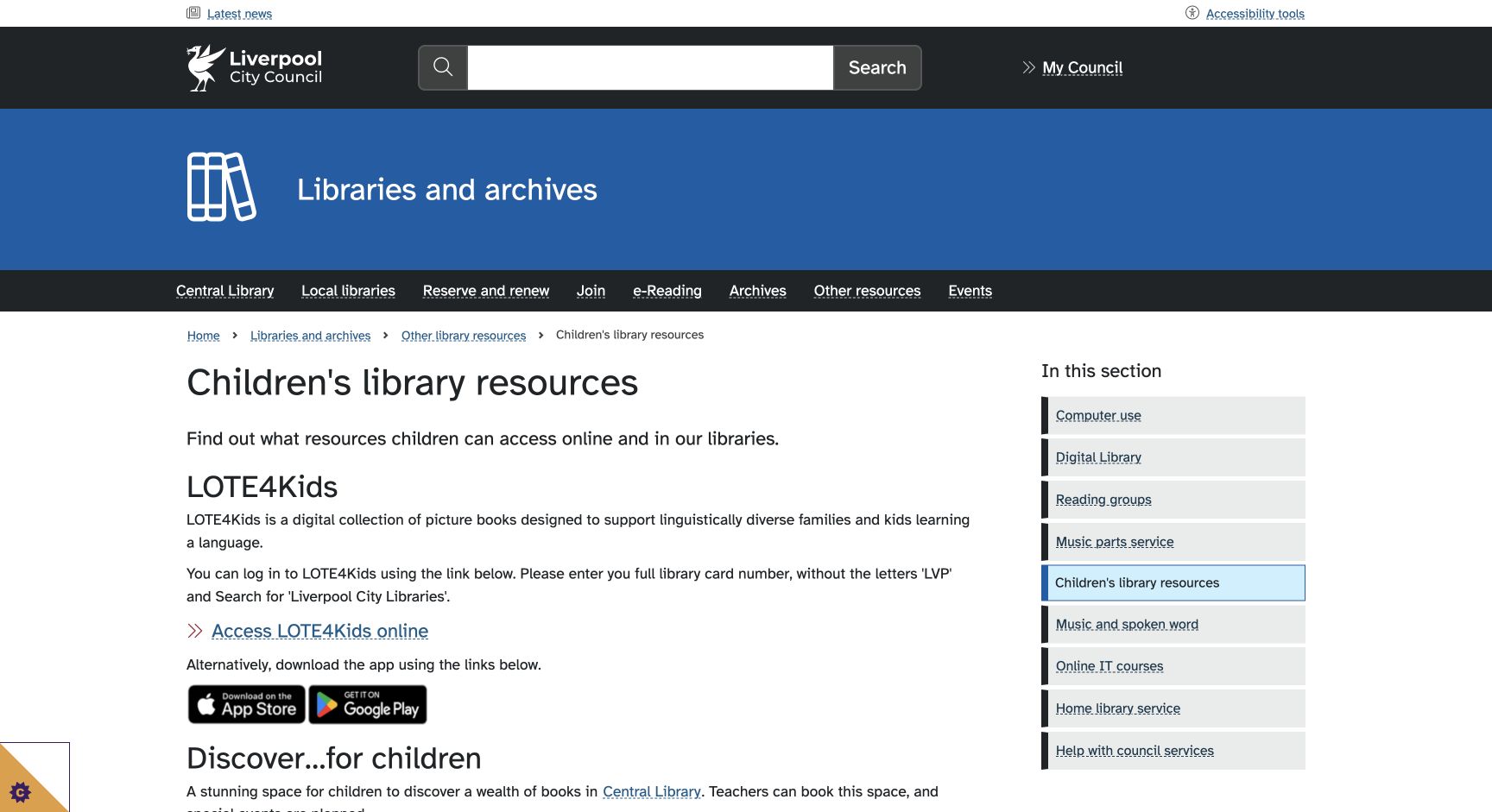 Screenshot of Liverpool Children’s Library Resources