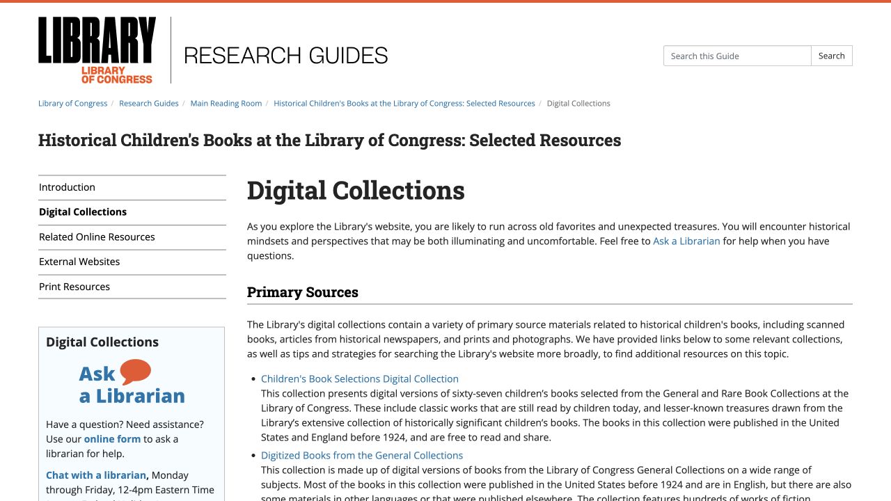 Screenshot of Library of Congress Historical Children’s Books Digital Collections