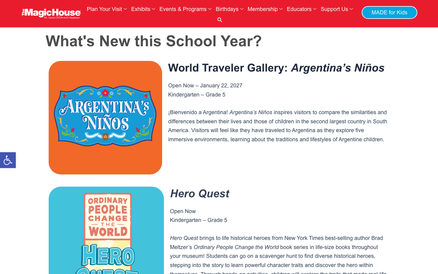Screenshot of Magic House New Exhibits: Argentina’s Niños and Hero Quest