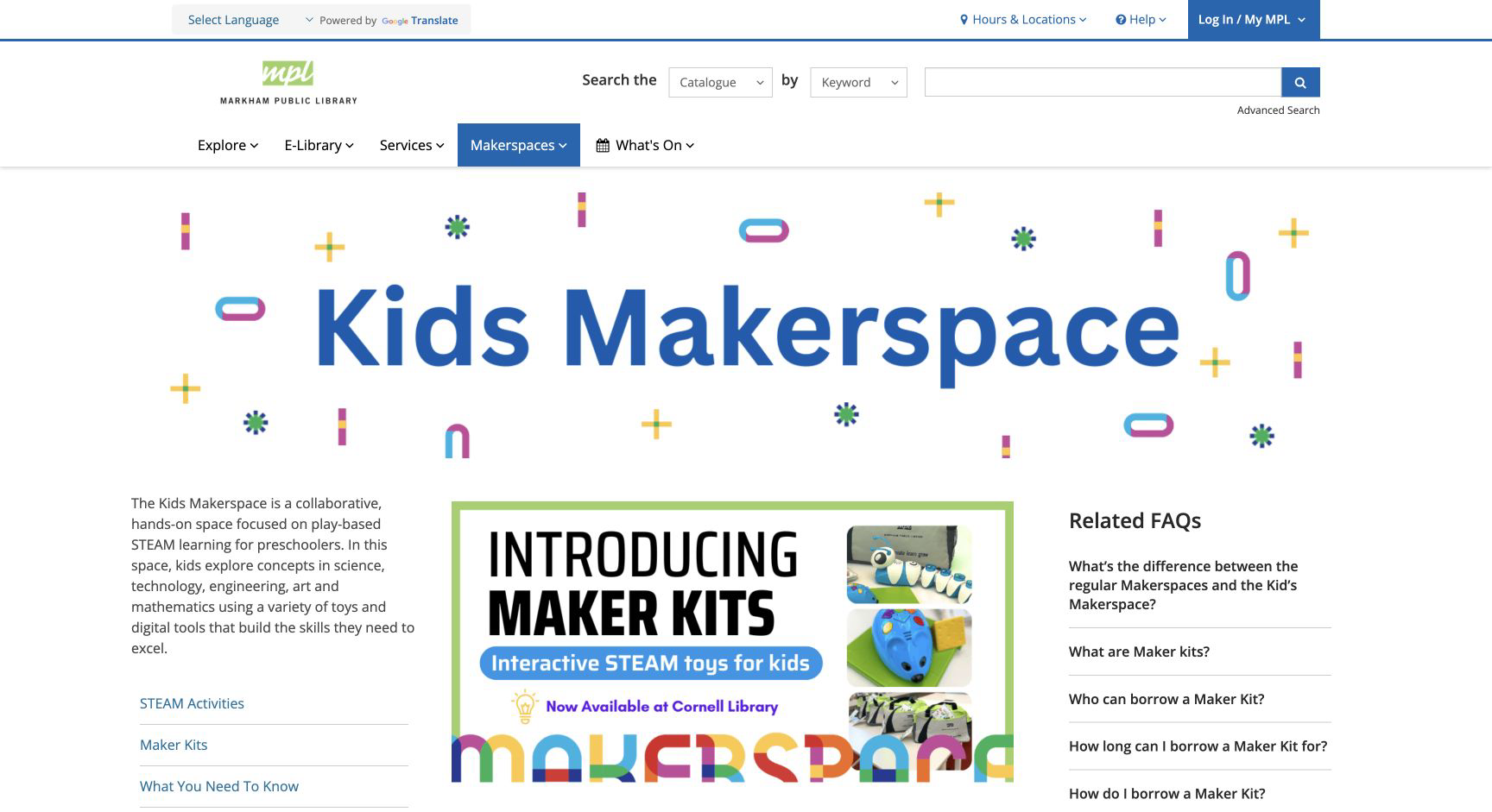 Screenshot of Markham Public Library Kids Makerspace
