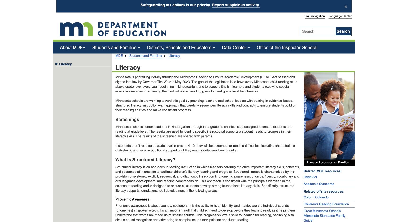 Screenshot of Minnesota Families READ Literacy