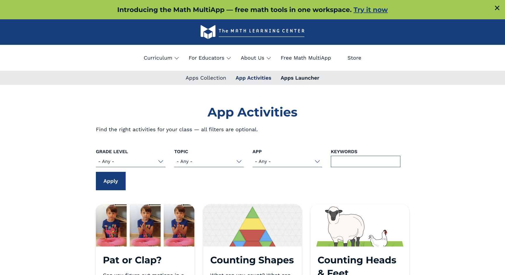 Screenshot of Math Learning Center App Activities