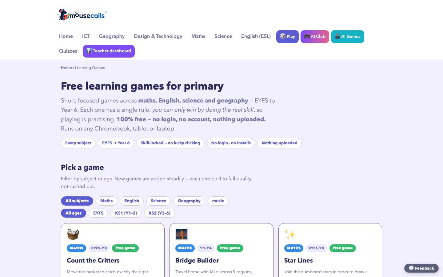 Screenshot of Mousecalls Learning Games