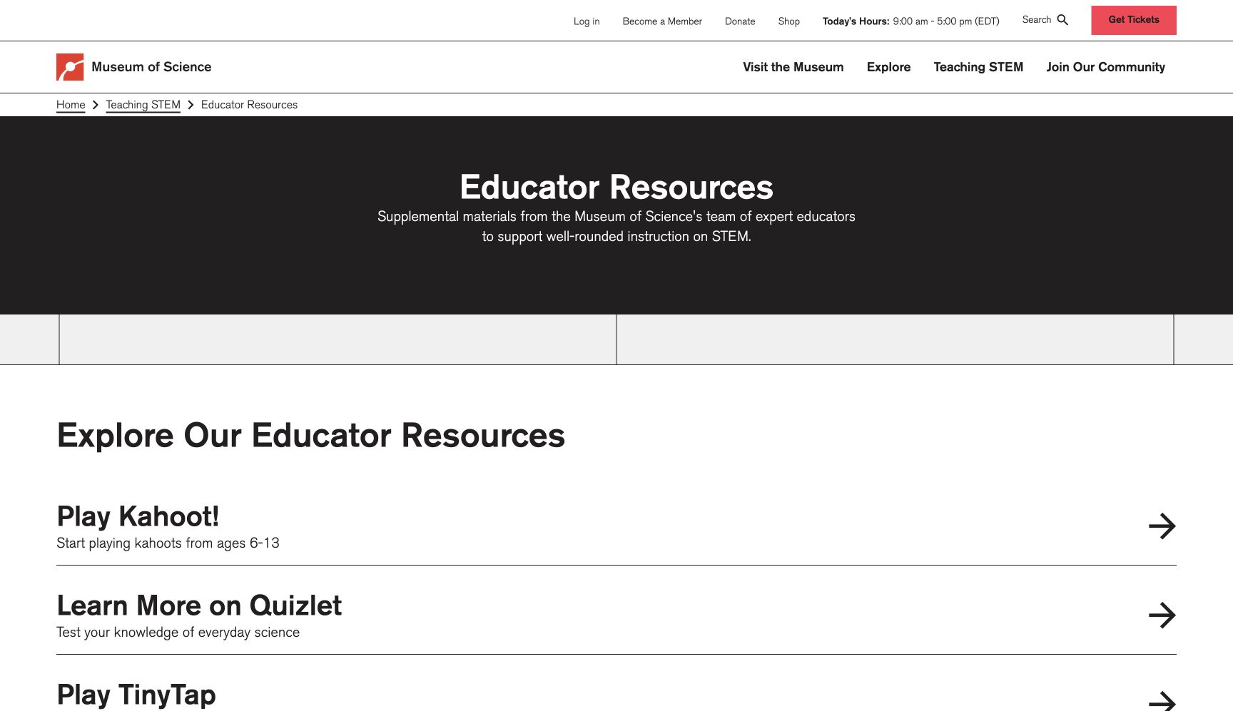 Screenshot of Museum of Science Boston Learning