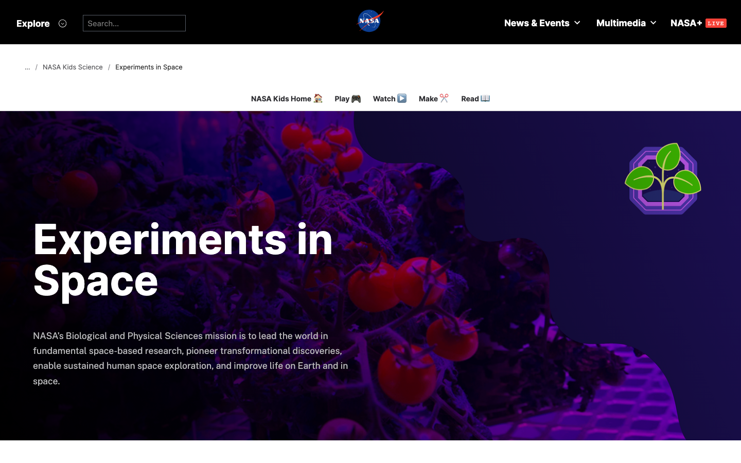 Screenshot of NASA Experiments in Space
