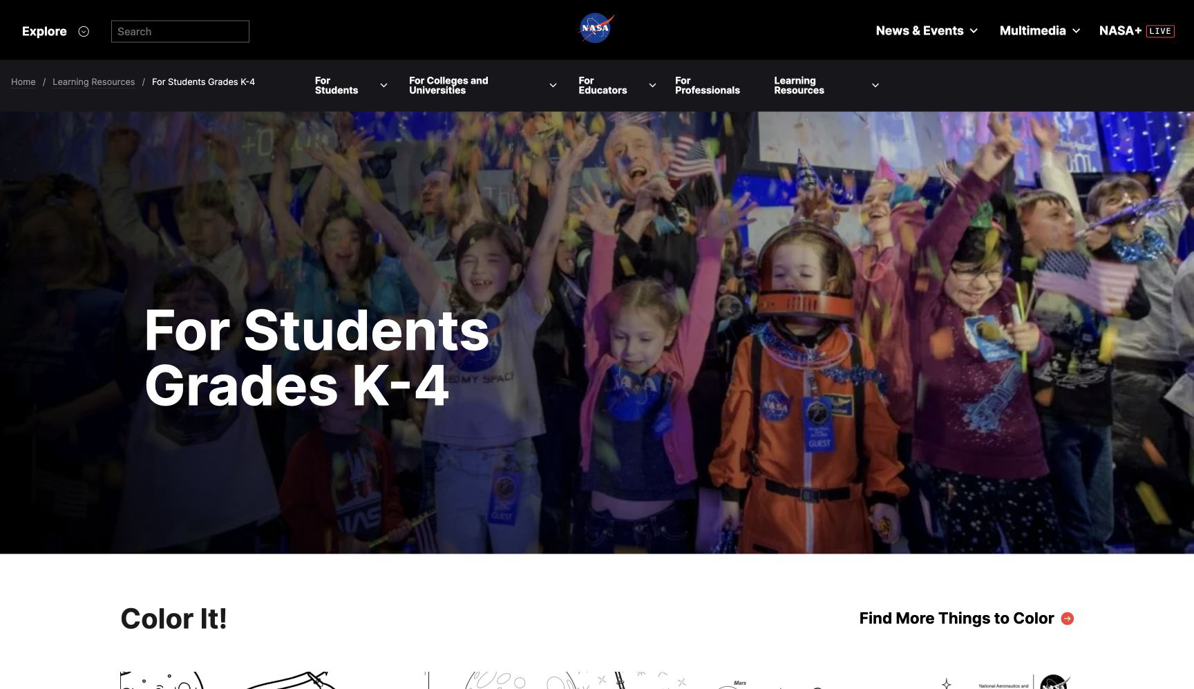 Screenshot of NASA For Students Grades K–4