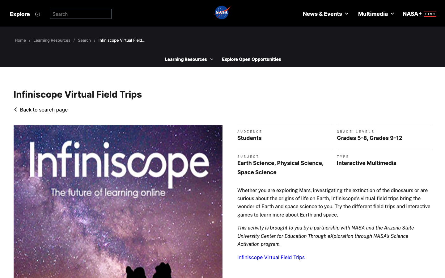 Screenshot of NASA Infiniscope Virtual Field Trips