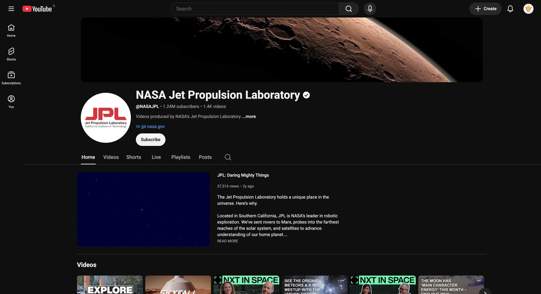 Screenshot of NASA Jet Propulsion Laboratory