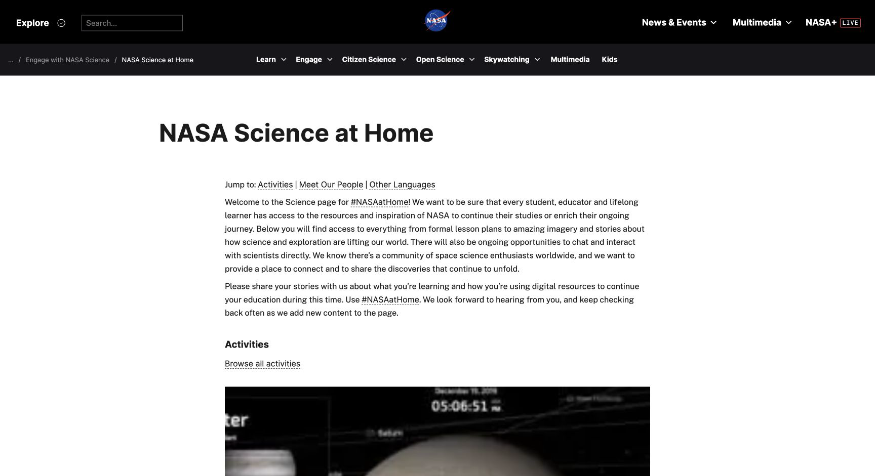 Screenshot of NASA Science at Home