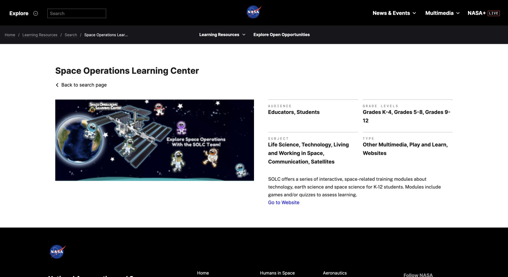 Screenshot of NASA Space Operations Learning Center