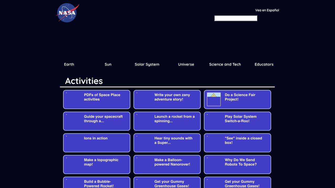 Screenshot of NASA Space Place Activities