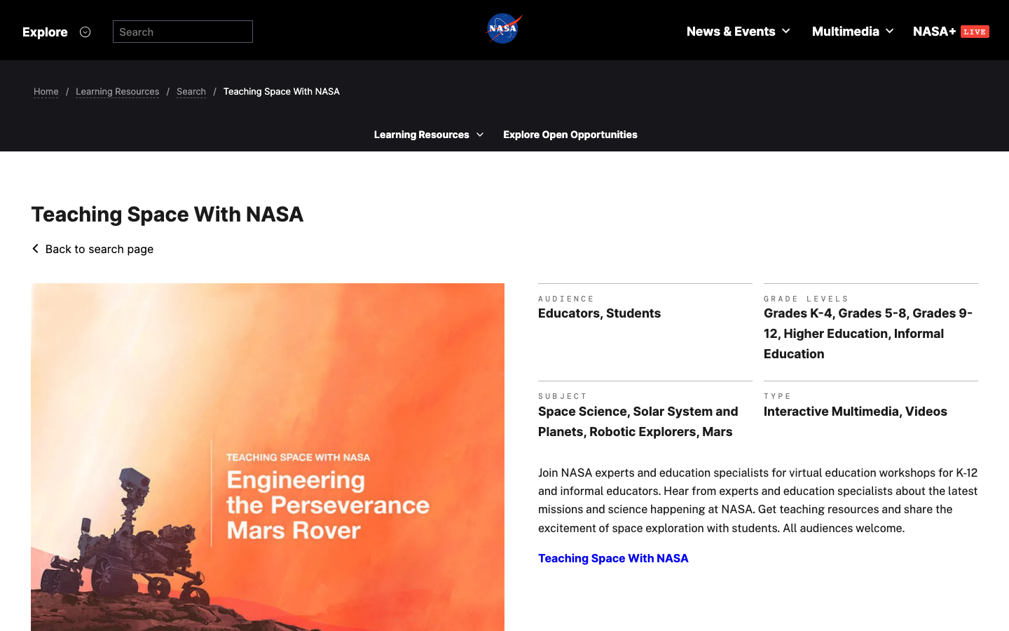 Screenshot of Teaching Space With NASA