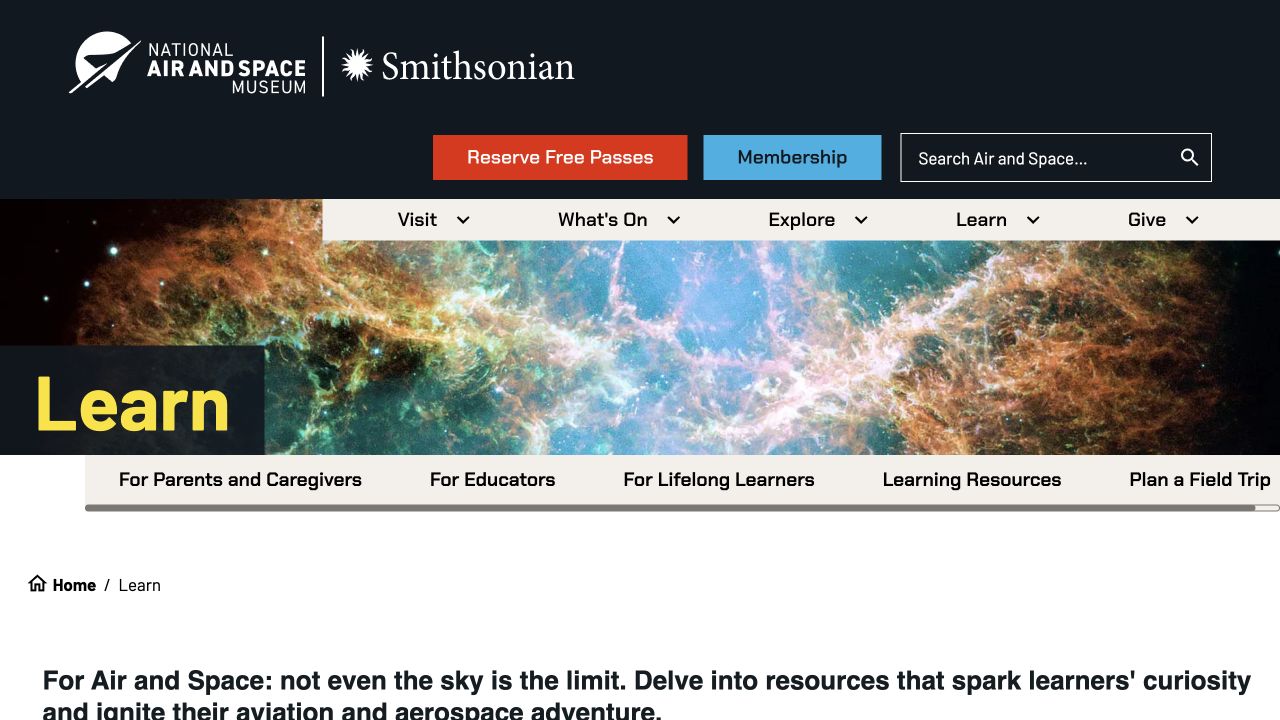 Screenshot of National Air and Space Museum Learning