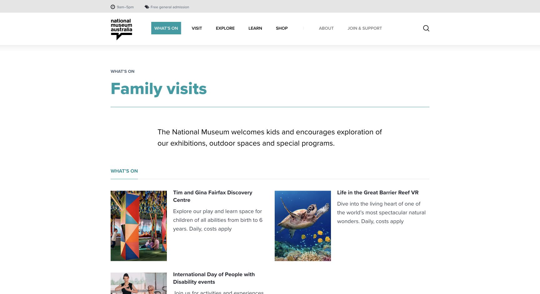 Screenshot of National Museum of Australia Family Visits